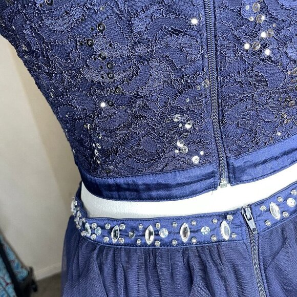 Sequin Hearts Navy Blue 2 Piece Lace Sequin Tulle Homecoming Dress Set Sz 13 - Picture 4 of 10